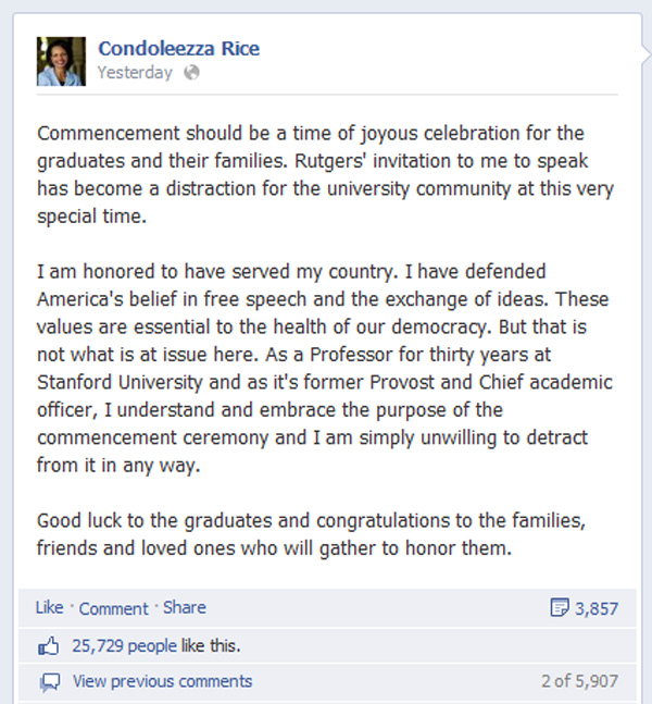 Condoleezza Rice Facebook Post