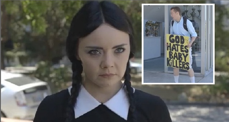 Adult Wednesday Addams  Confronts Abortion Clinic Protester (VIDEO)